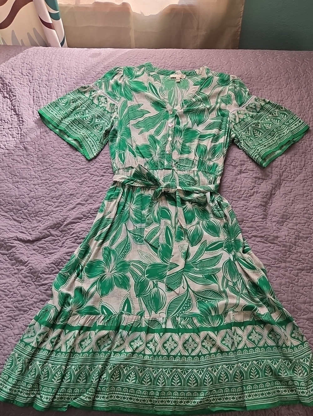 Fig + Flower Green and White Botanical Print Midi Dress with Tie Waist